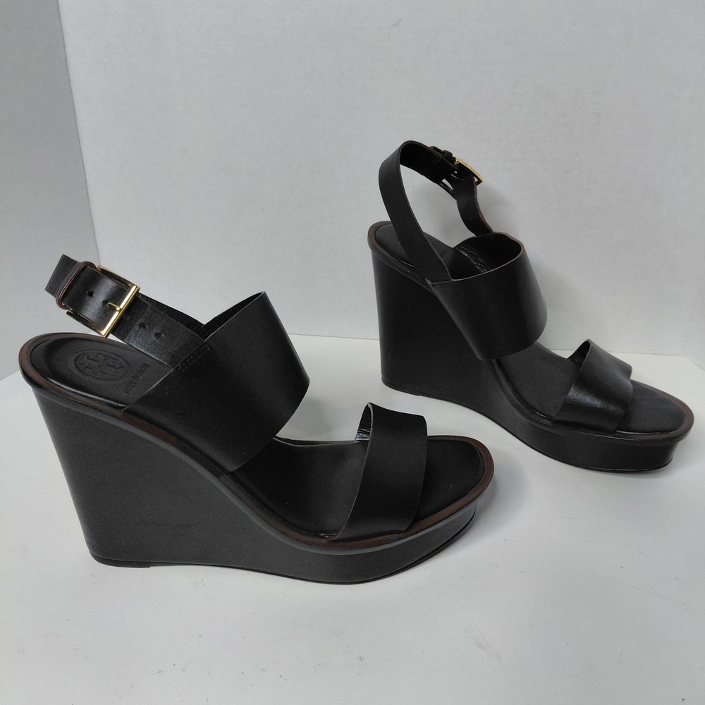 Tory Burch Lexington Black Leather Wedges Size 8